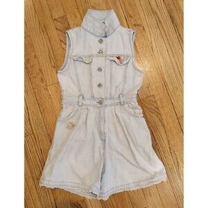 Bonjour Vintage Girls One-Piece Denim Romper Button Zip Up Jumpsuit Shorts